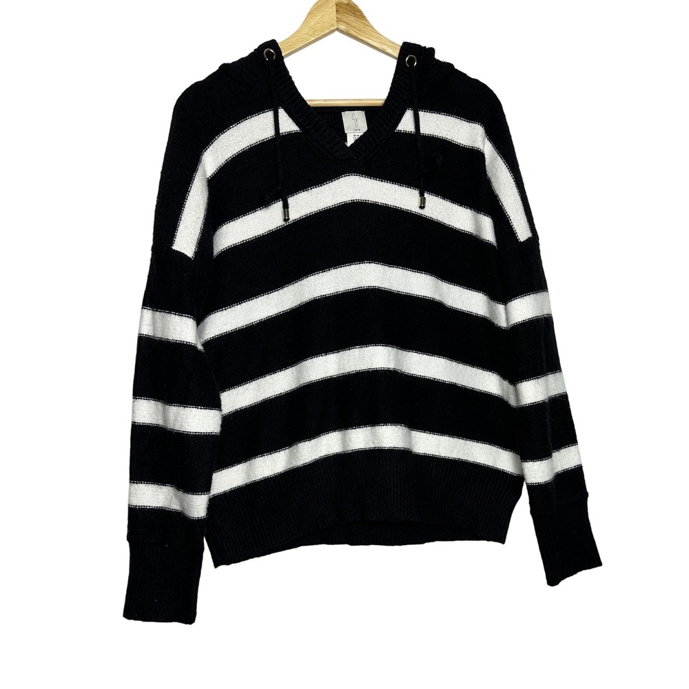 Joie Black‎ White Striped V Neck Drawstring Hoodie Sweater Women's Medium